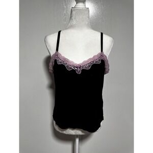 Vintage Black Lace Trim Cami Top with Purple Bow Detail Women's size 46